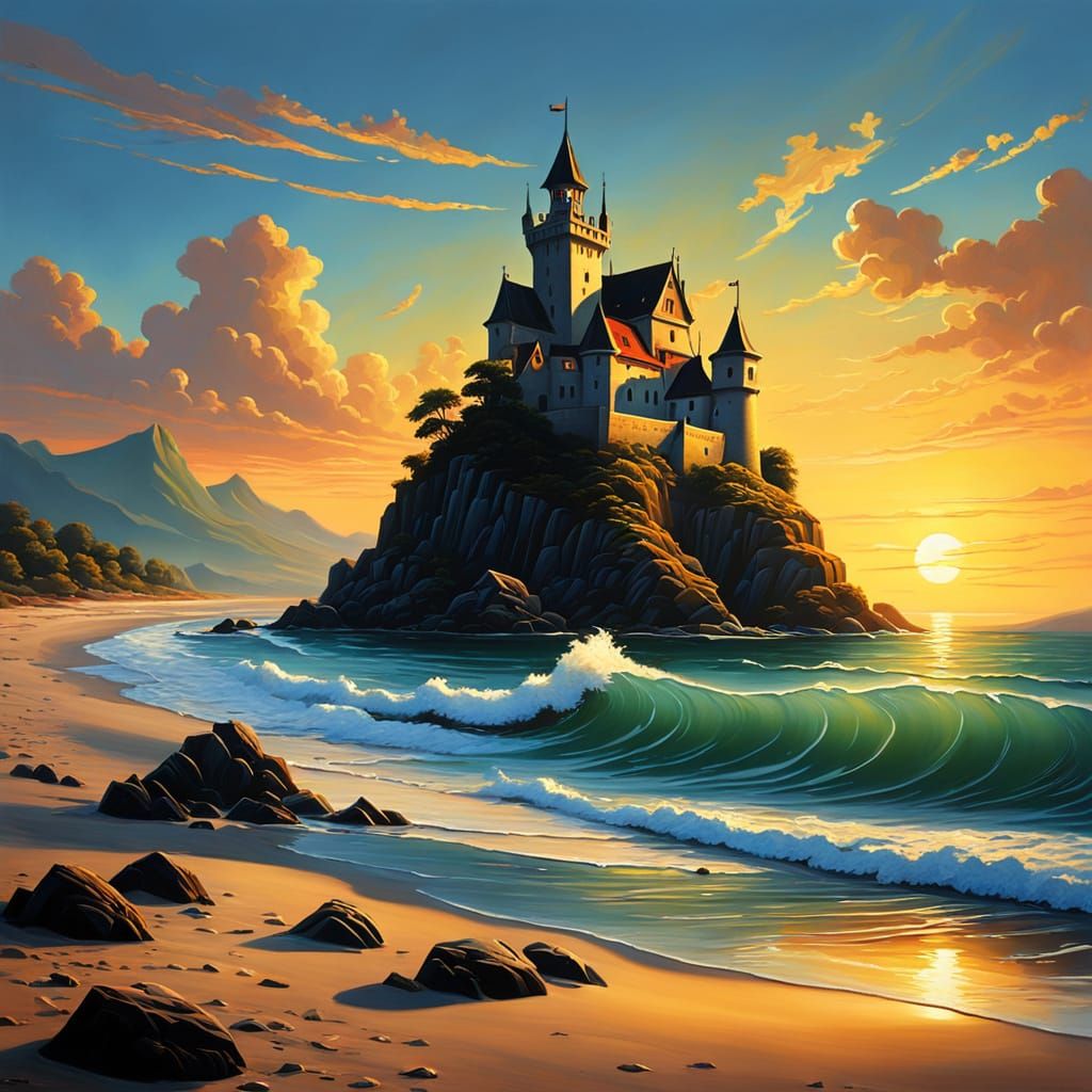 Cartoon Medieval Castle at Sunrise in Oil