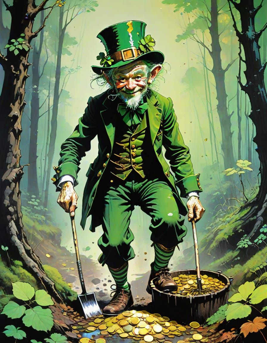 Surreal Leprechaun Meets Dark Forest in Whimsical Art