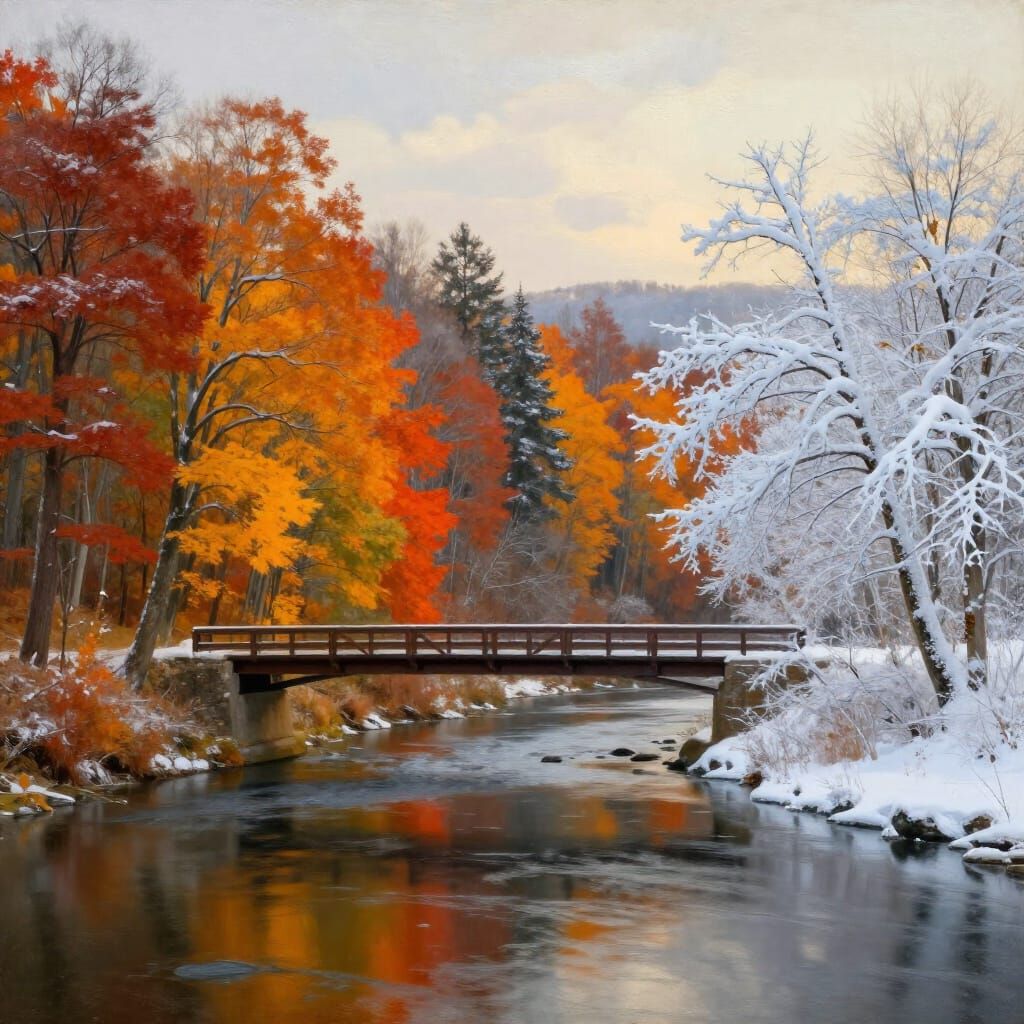 Dual Season Landscape Painting of a Connecting Bridge