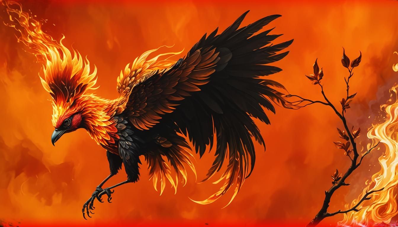 Mythical Firebird Perched on Ember Branch in Oil