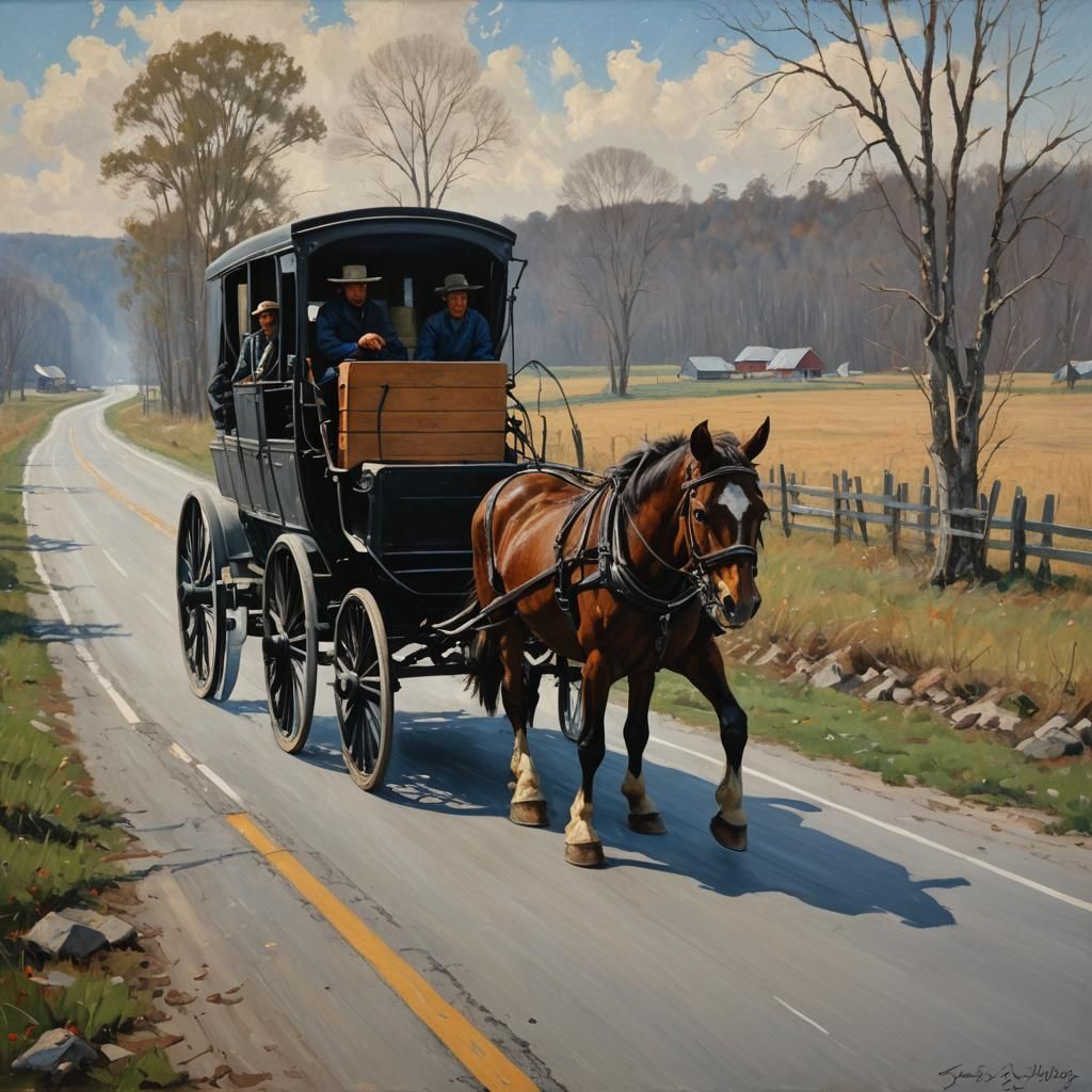 Amish Buggy on Highway: Oil Painting