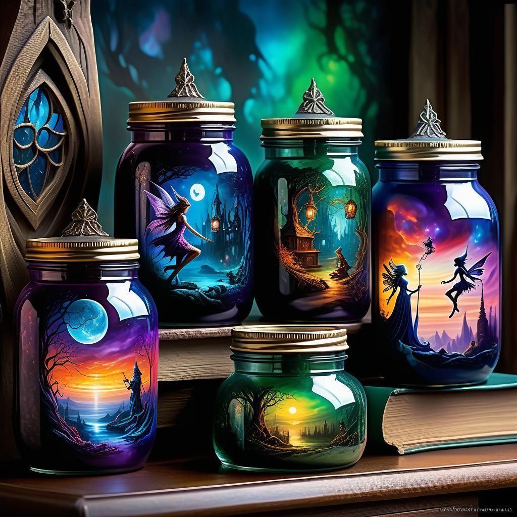 Magical Fairy Scenes in Jars, Photorealistic Art