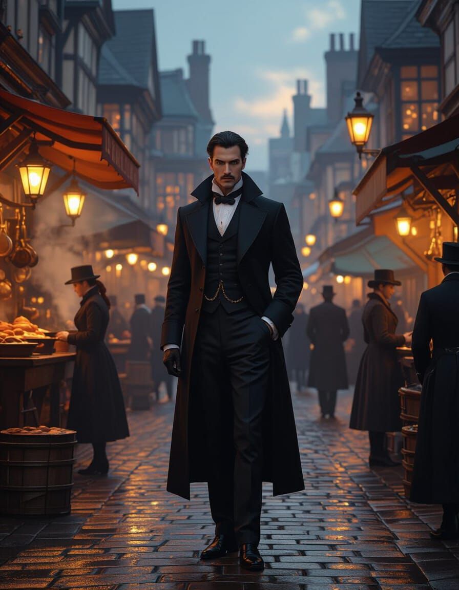 Victorian Gentleman in Bustling Market, Painterly Style