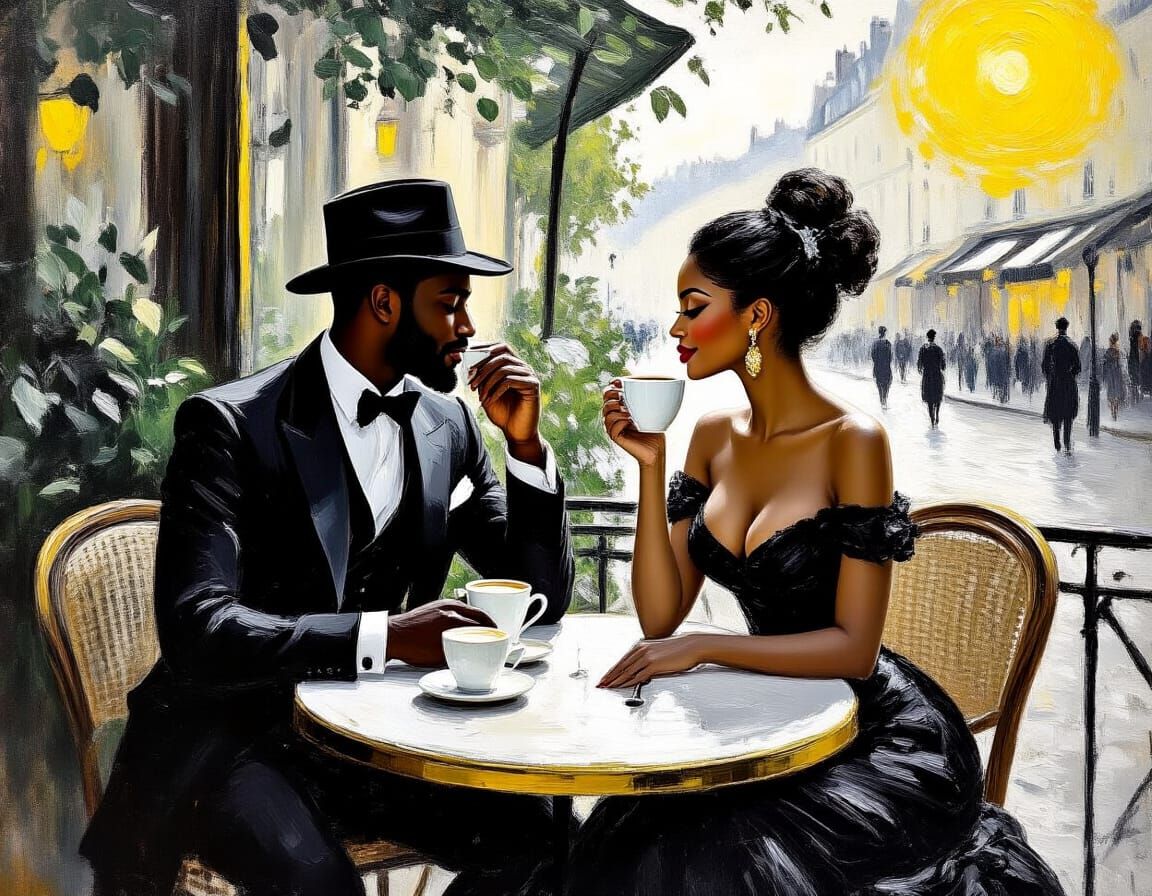 Caribbean Couple Sipping Coffee in Paris as Impasto Painting