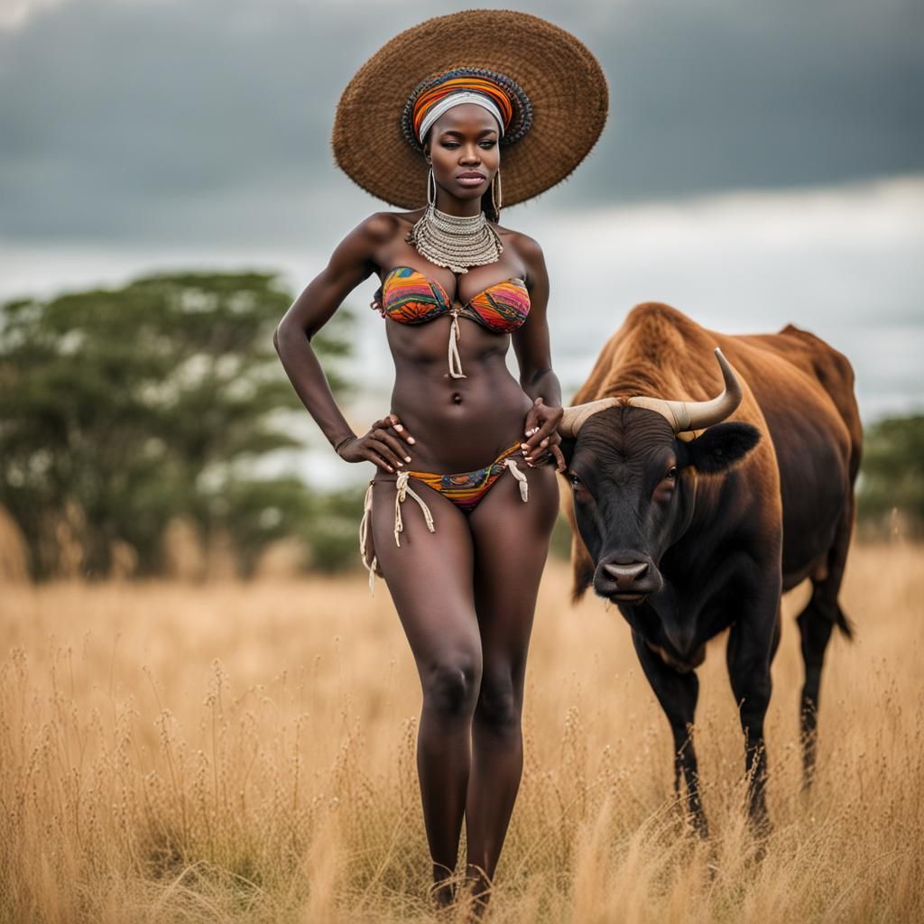 African Figure Cultivating Field with Bull