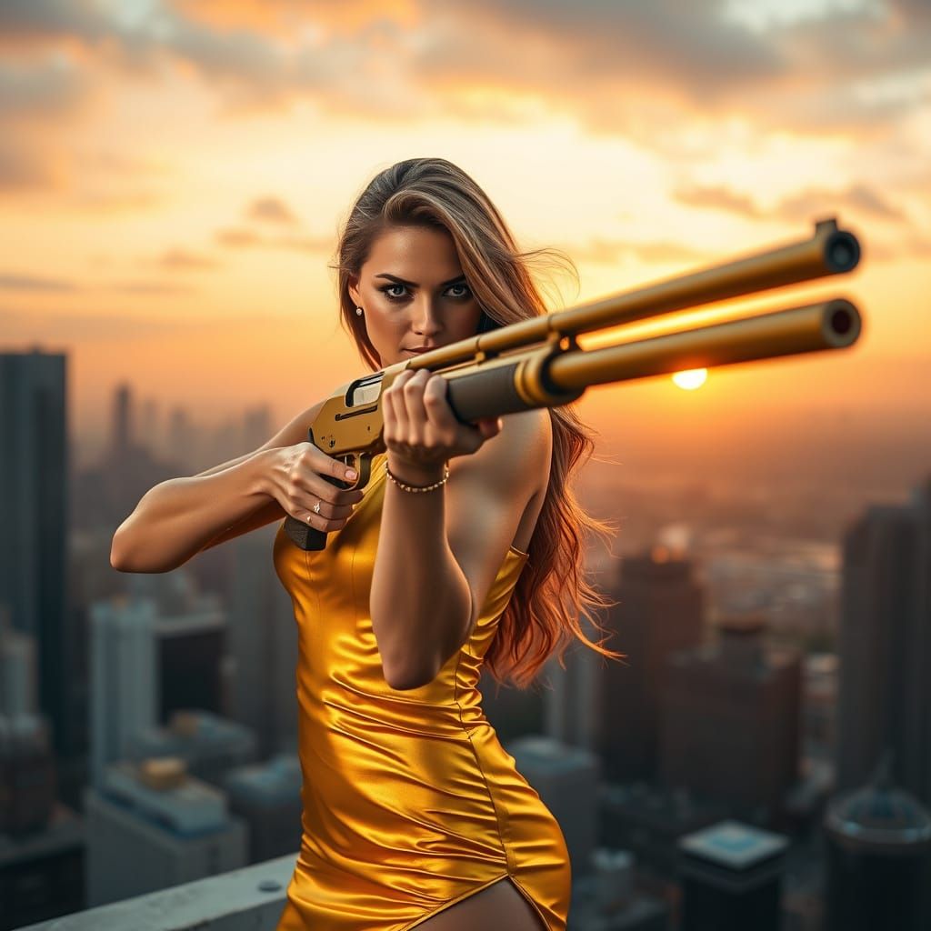 Elegant Gunwoman Surveys Sunset Cityscape from Rooftop