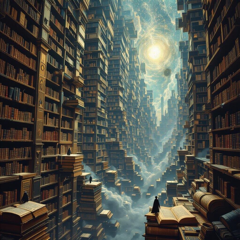 Sentient Library in Stardust Nebula, Cosmic Surrealism