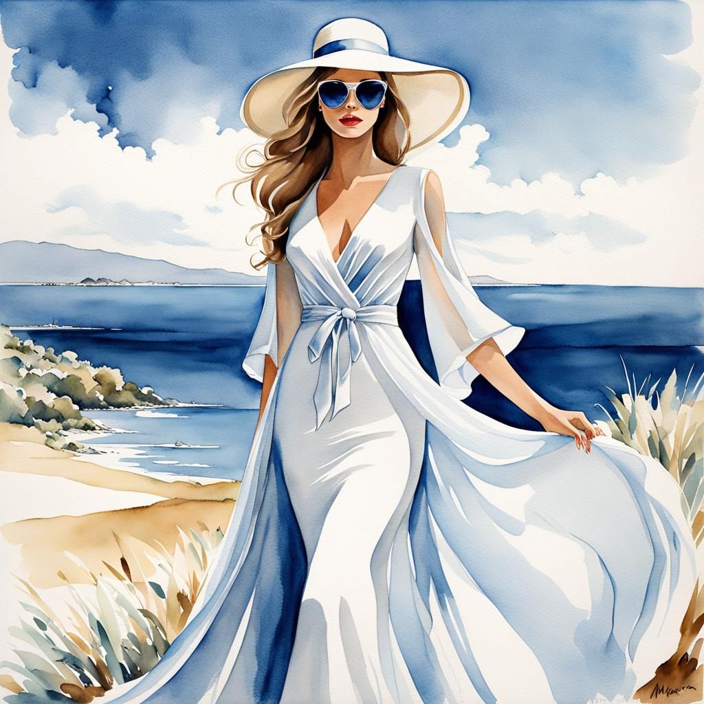 Elegant Woman in Flowing Dress: Watercolor Fashion Illustrat...