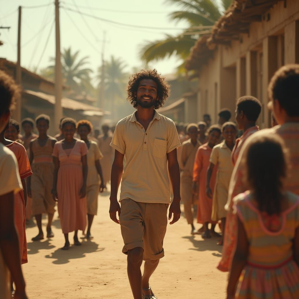 Tari's Joyful Walk Through a Sunny Village Square