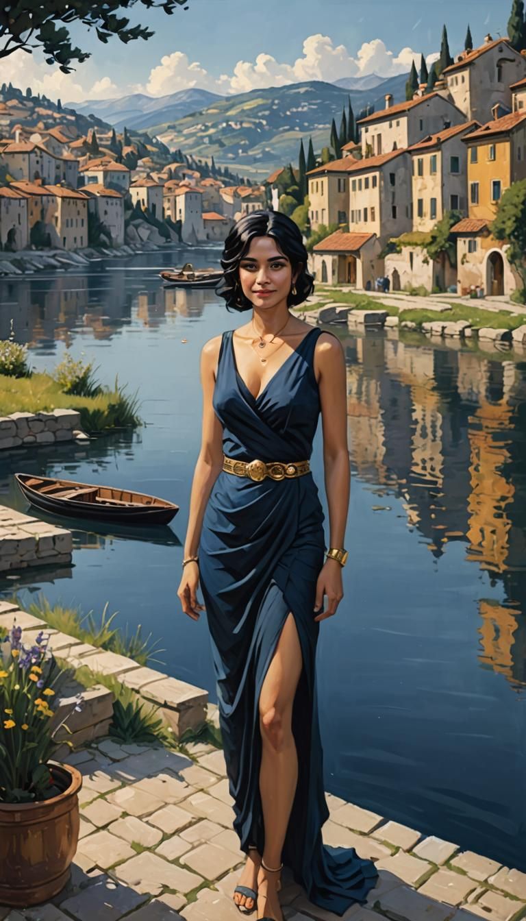Roman Woman with Black Hair in Alcohol Painting Style