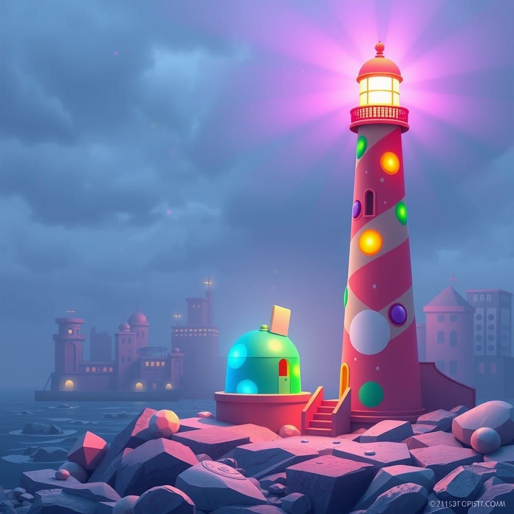 Vibrant Candy Lighthouse Illuminates Whimsical Cityscape