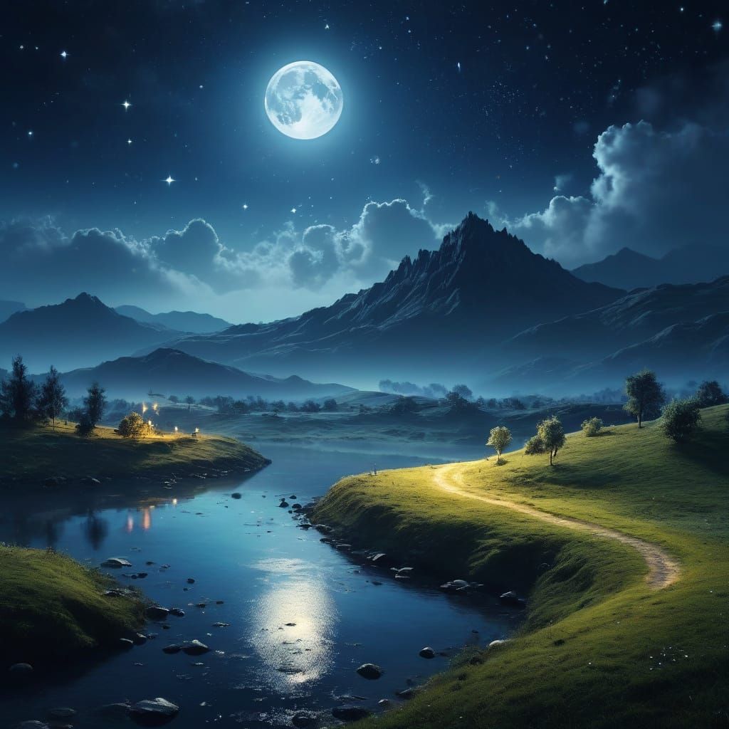 Dreamy Moonlit Landscape in Digital Art Style