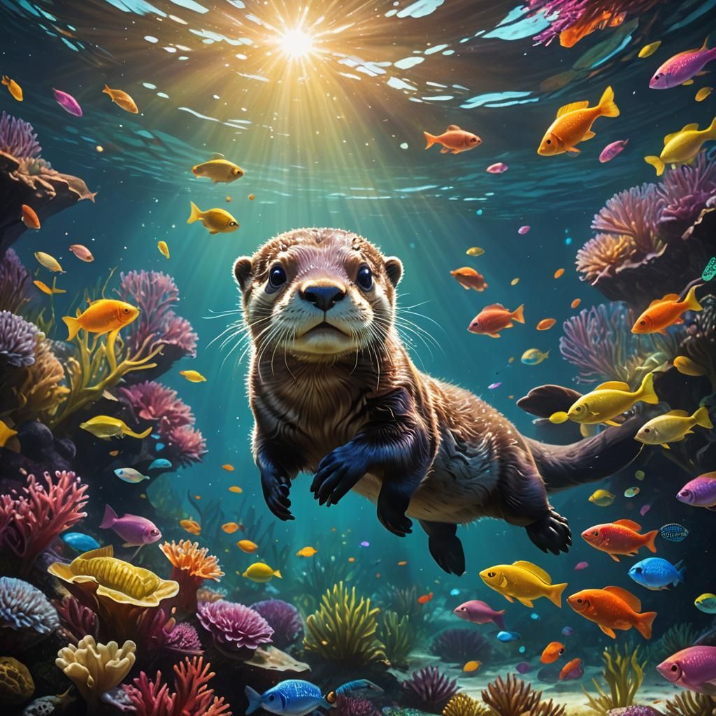 Enchanted Underwater Otter Hunt in Surreal Style