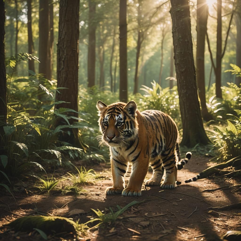 Tiger Cub in Sun-Dappled Forest Glade