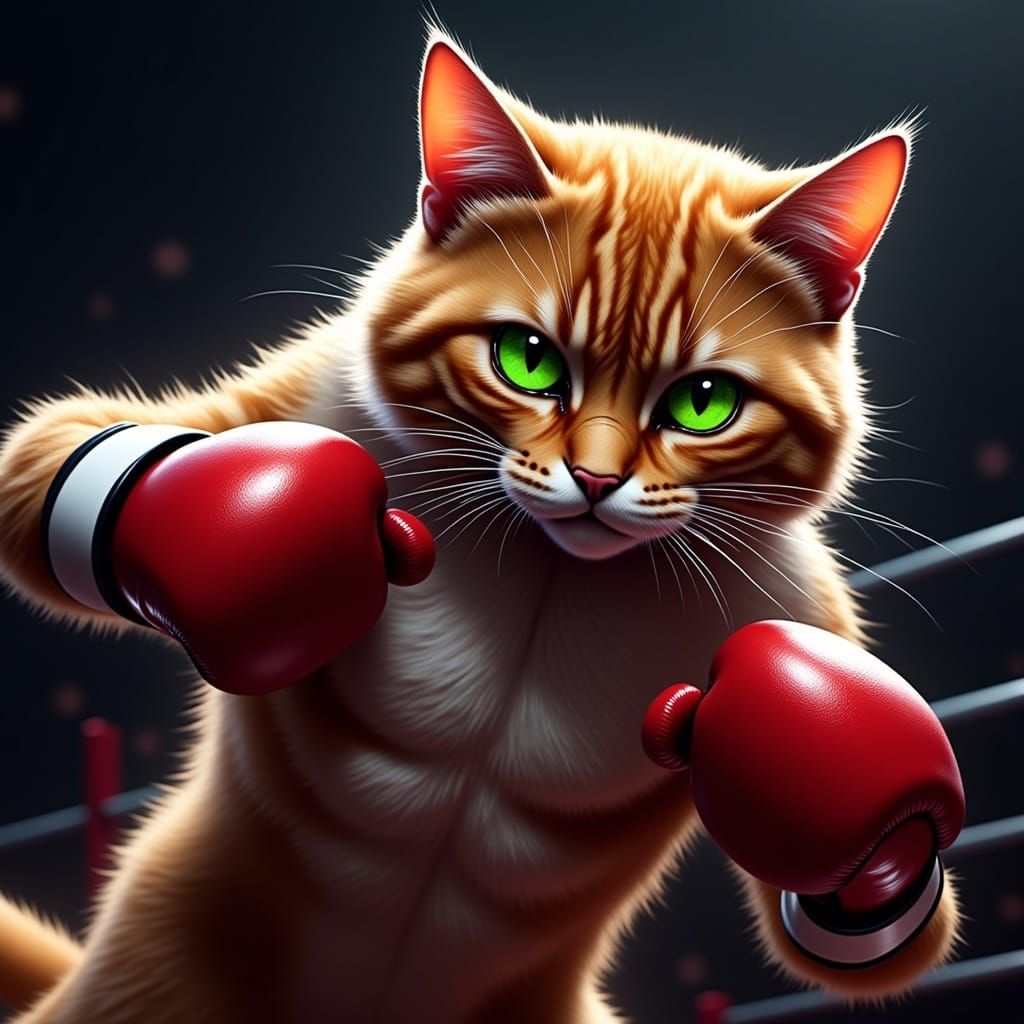 Muscular Cat Boxer Throws Punch in Photorealistic Portrait