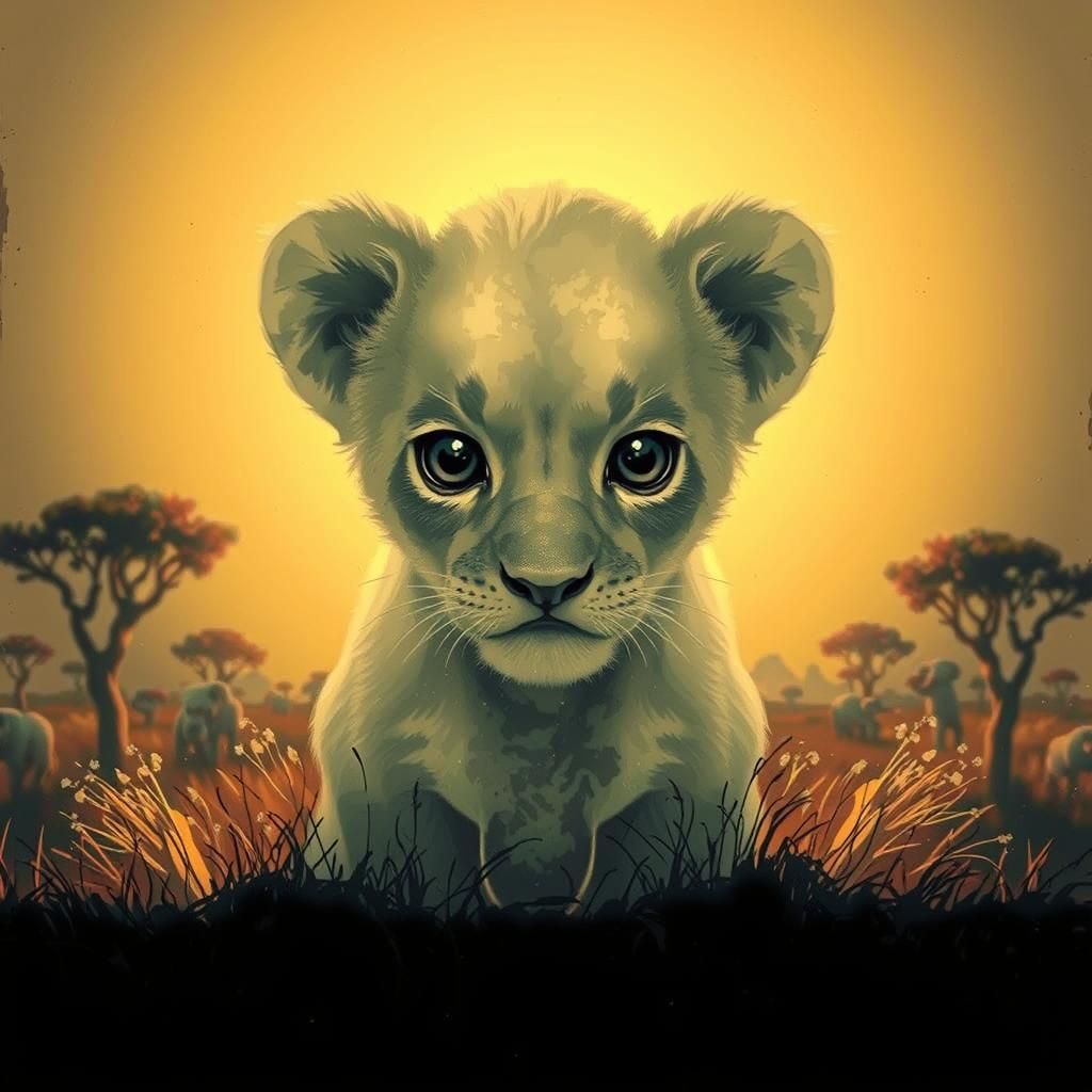 Chibi Lion Cub Ghost in Retrofuturistic Poster Style