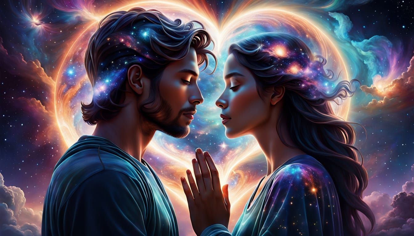 Celestial Twin Flames in Vibrant Cosmic Embrace