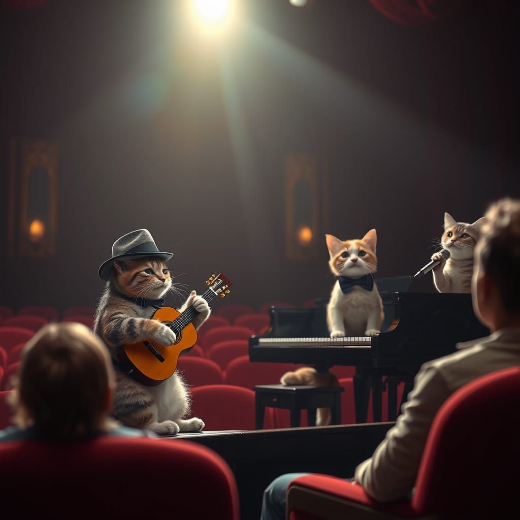 Realistic Theater Scene with Cat Playing Guitar, Dog at Pian...