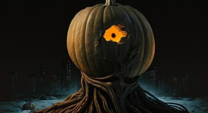 Eerie Pumpkinhead Humanoid in Dark Fantasy Style