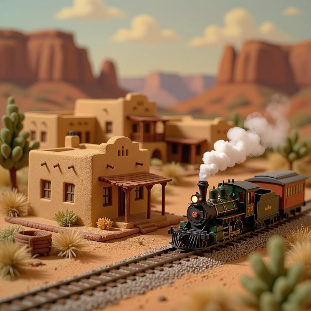 Macro Clay Adobe Houses with 1880s Model Trains