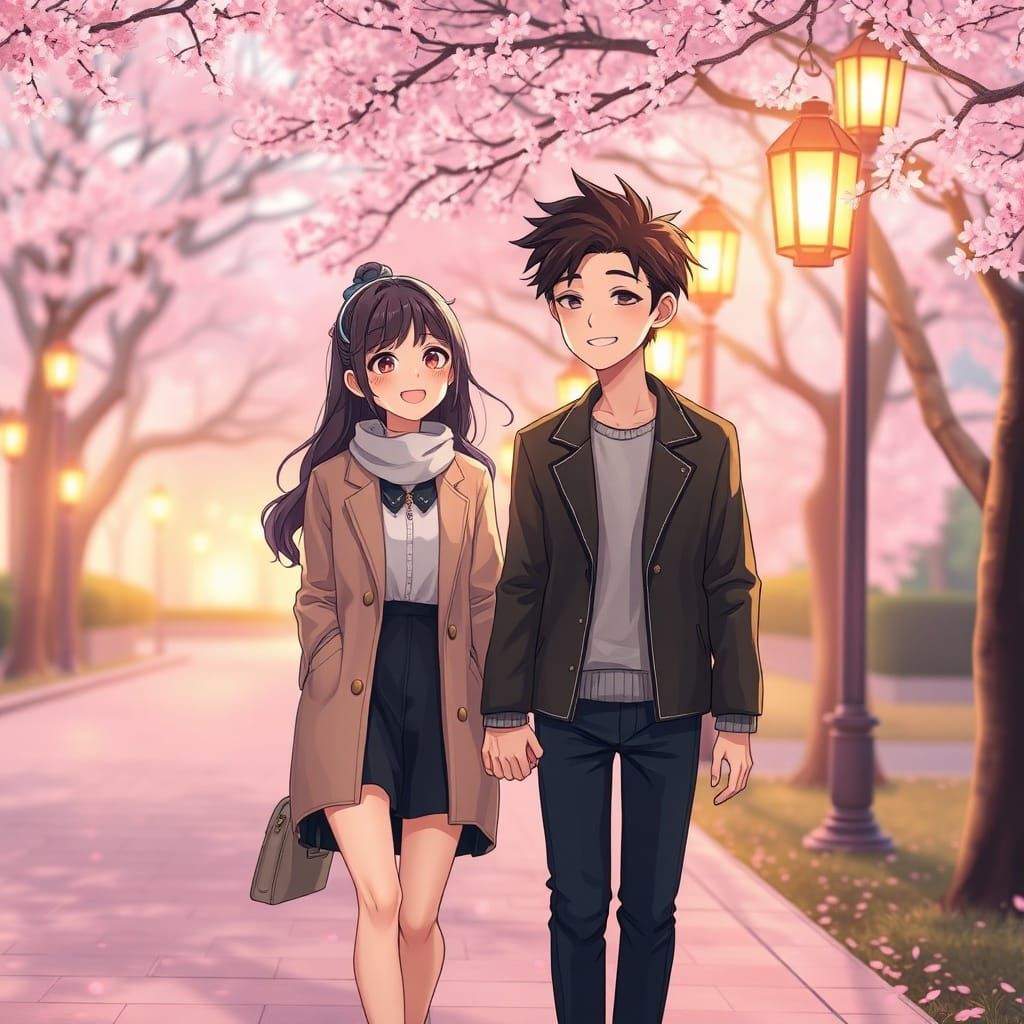 Couple's Romantic Stroll in Cherry Blossom Park at Dusk