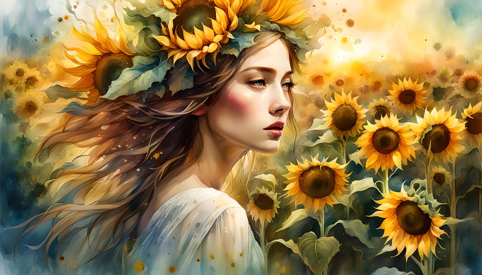 Sunflower Garden in Digital Watercolor Illustration