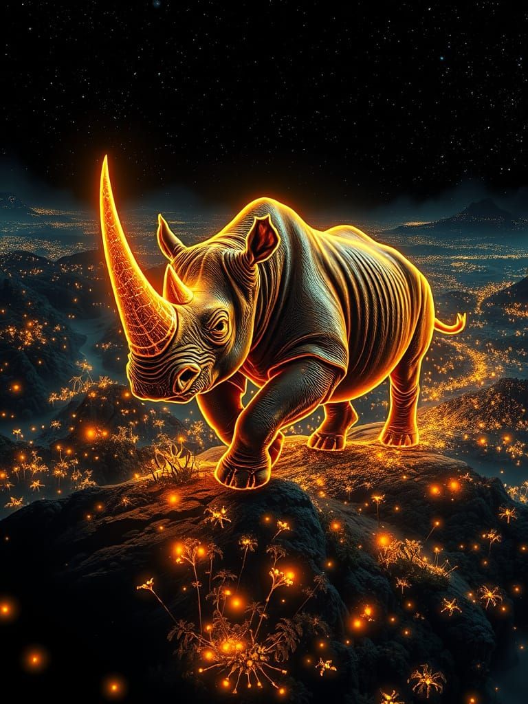 Neon-Lit Rhinoceros Charges Through Jungle in Fractal Art St...