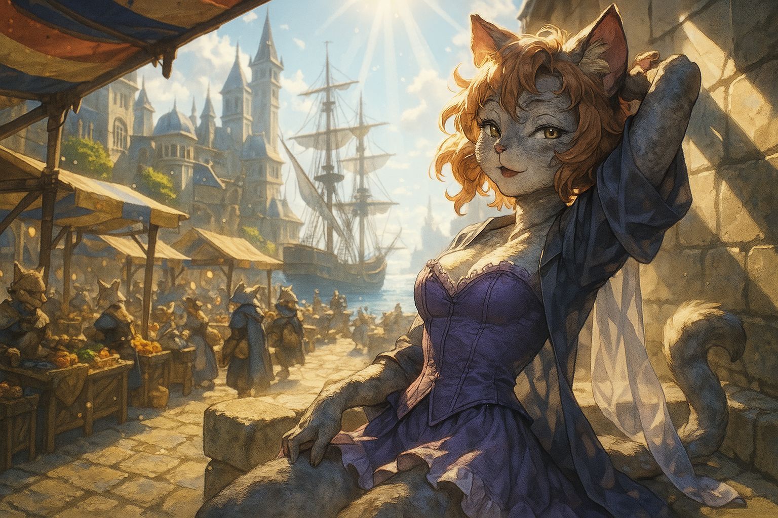 Anime Cat Girl Overlooks Fantasy City Harbour