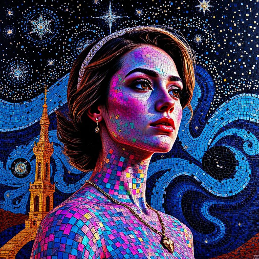 Iridescent Woman Mosaic Against Starry Night Sky