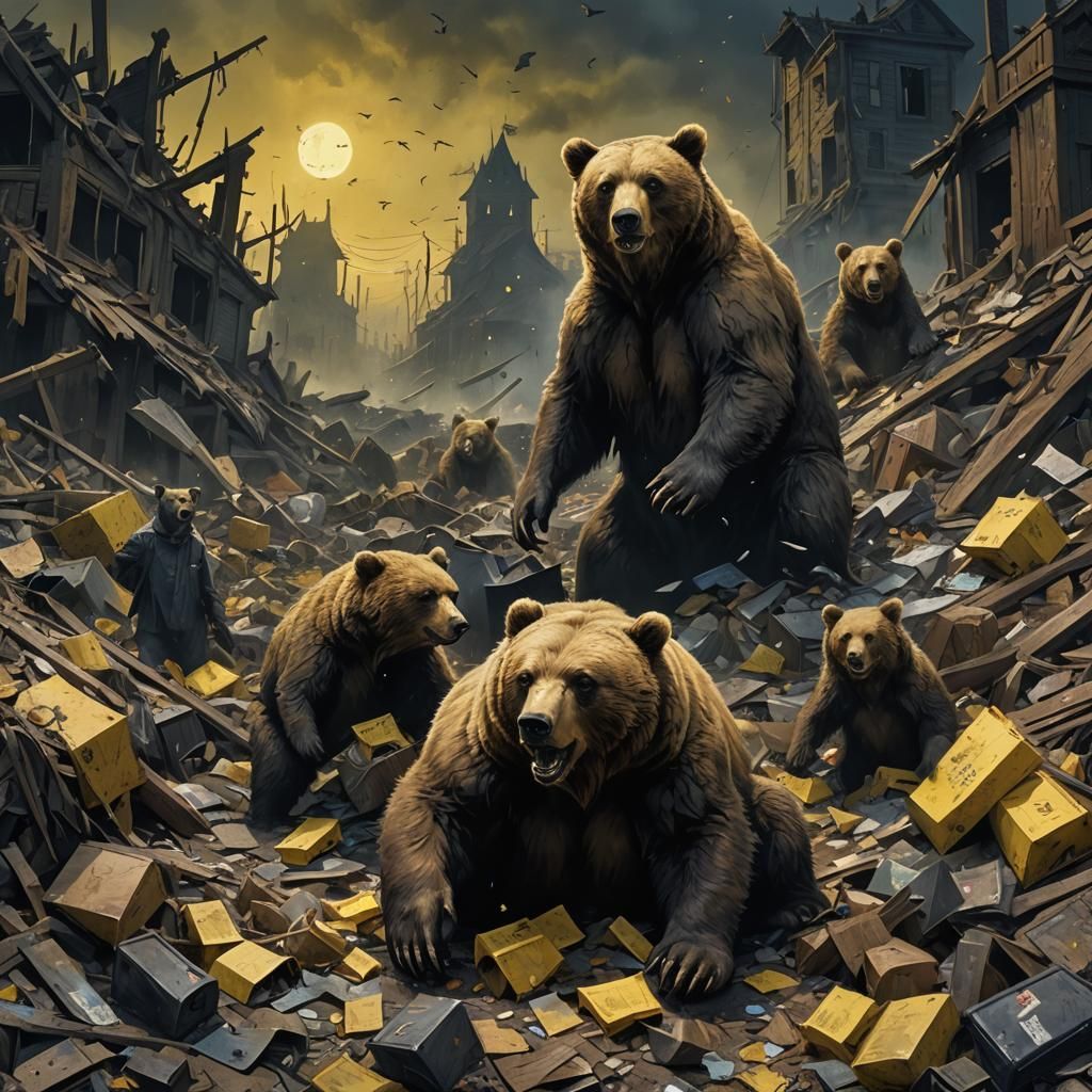 Grolar Bears Scavenge in Dark Fantasy Landscape