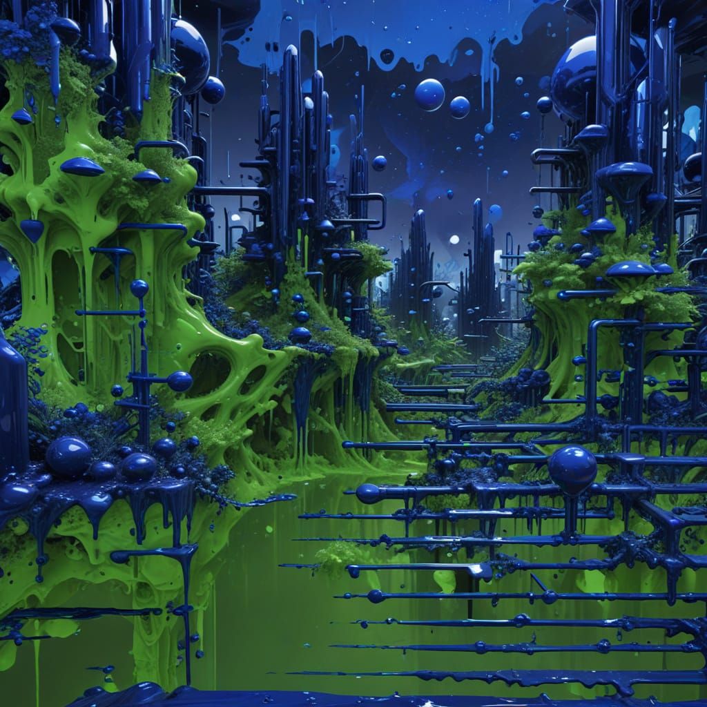 Futuristic Blue City with Metallic Cubes and Goo