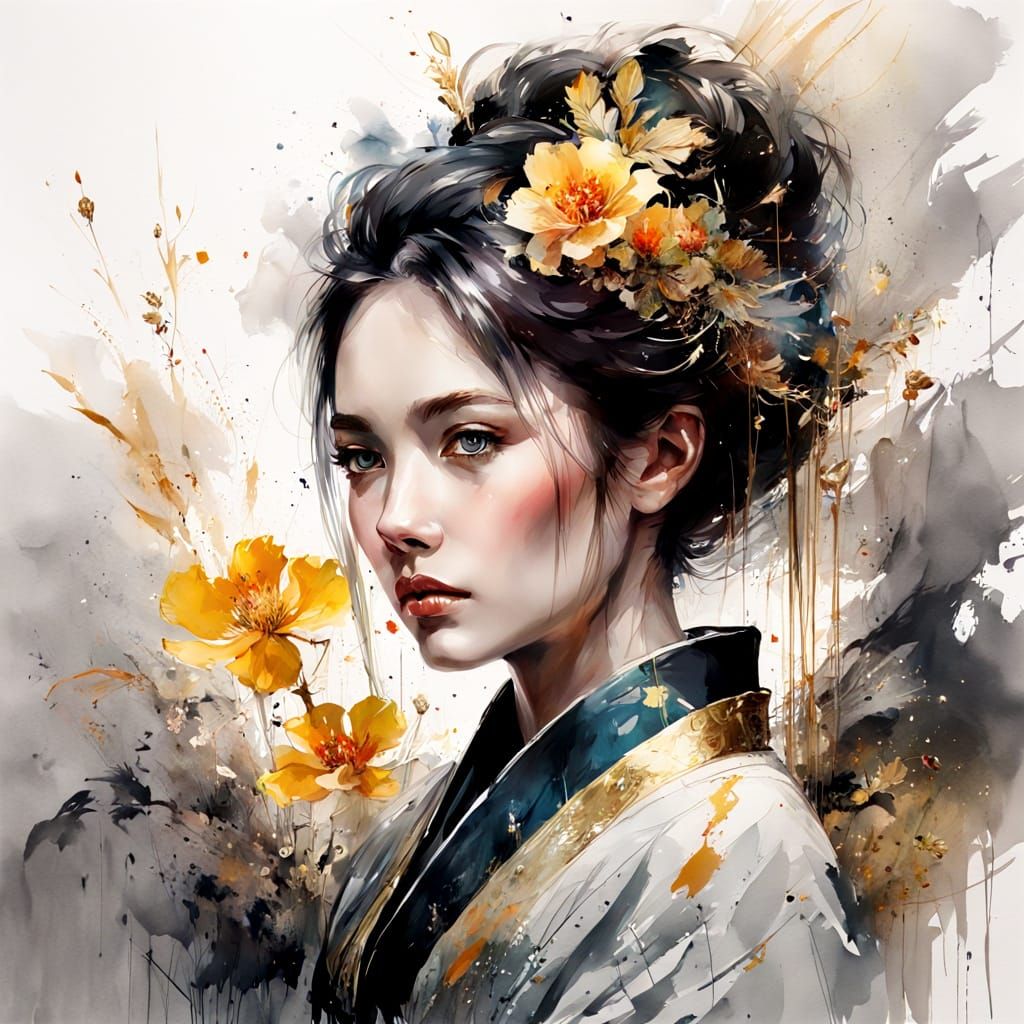 A beautiful, elegant woman in a traditional Japanese-inspire...