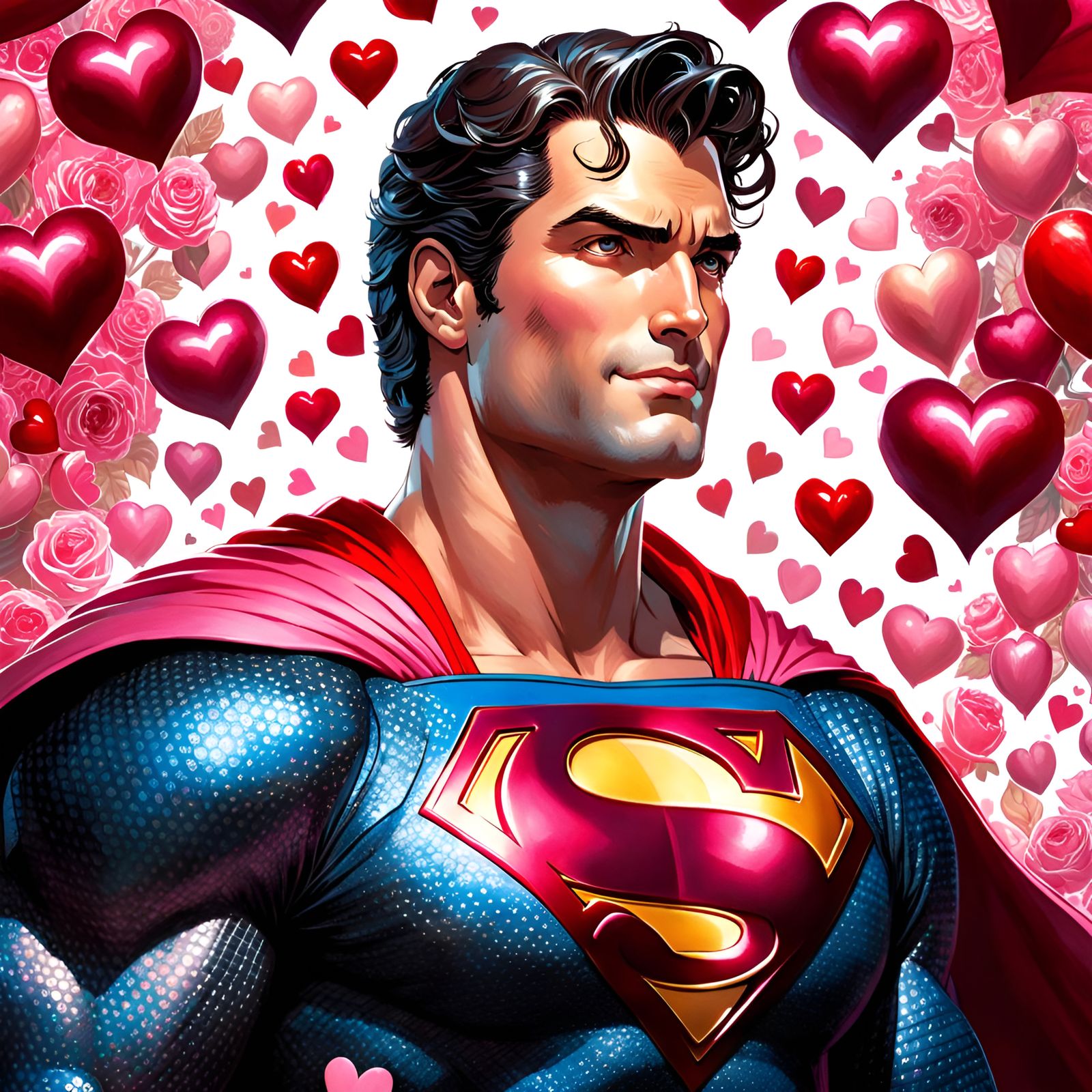 Superman Surrounded by Hearts in Rococo Style