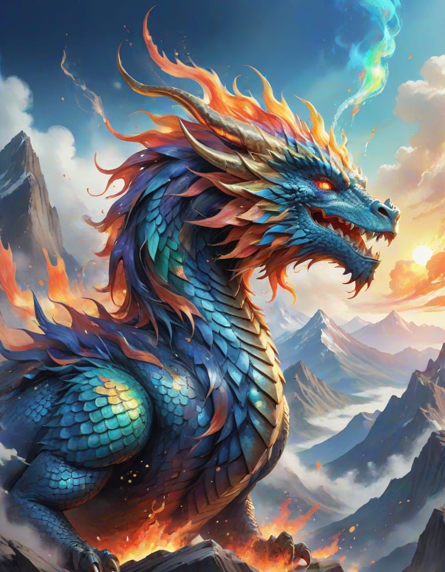 Celestial Dragon Conquers Mountain Range in Vibrant Watercol...