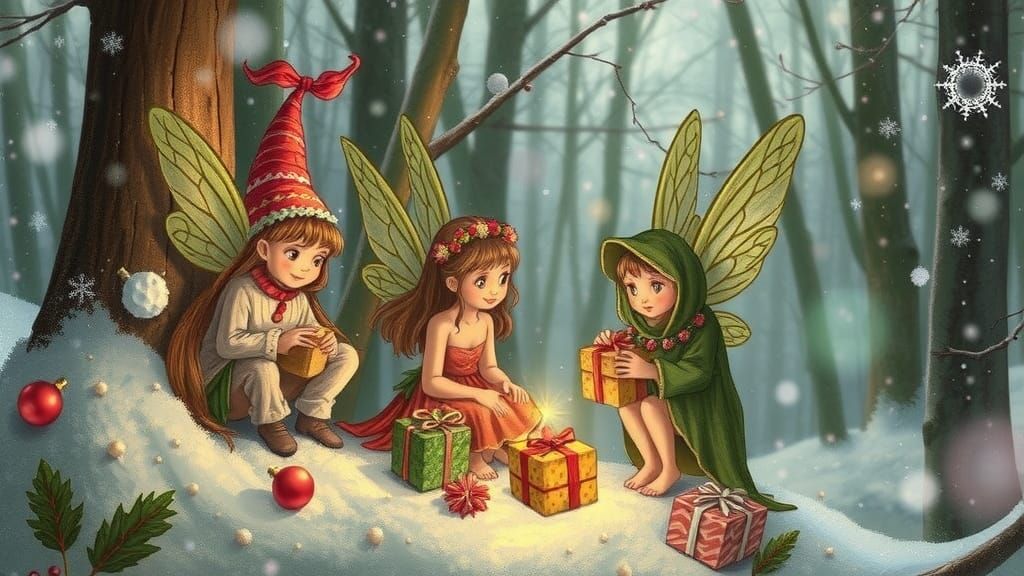 Fairies Wrapping Christmas Gifts in Snowy Forest