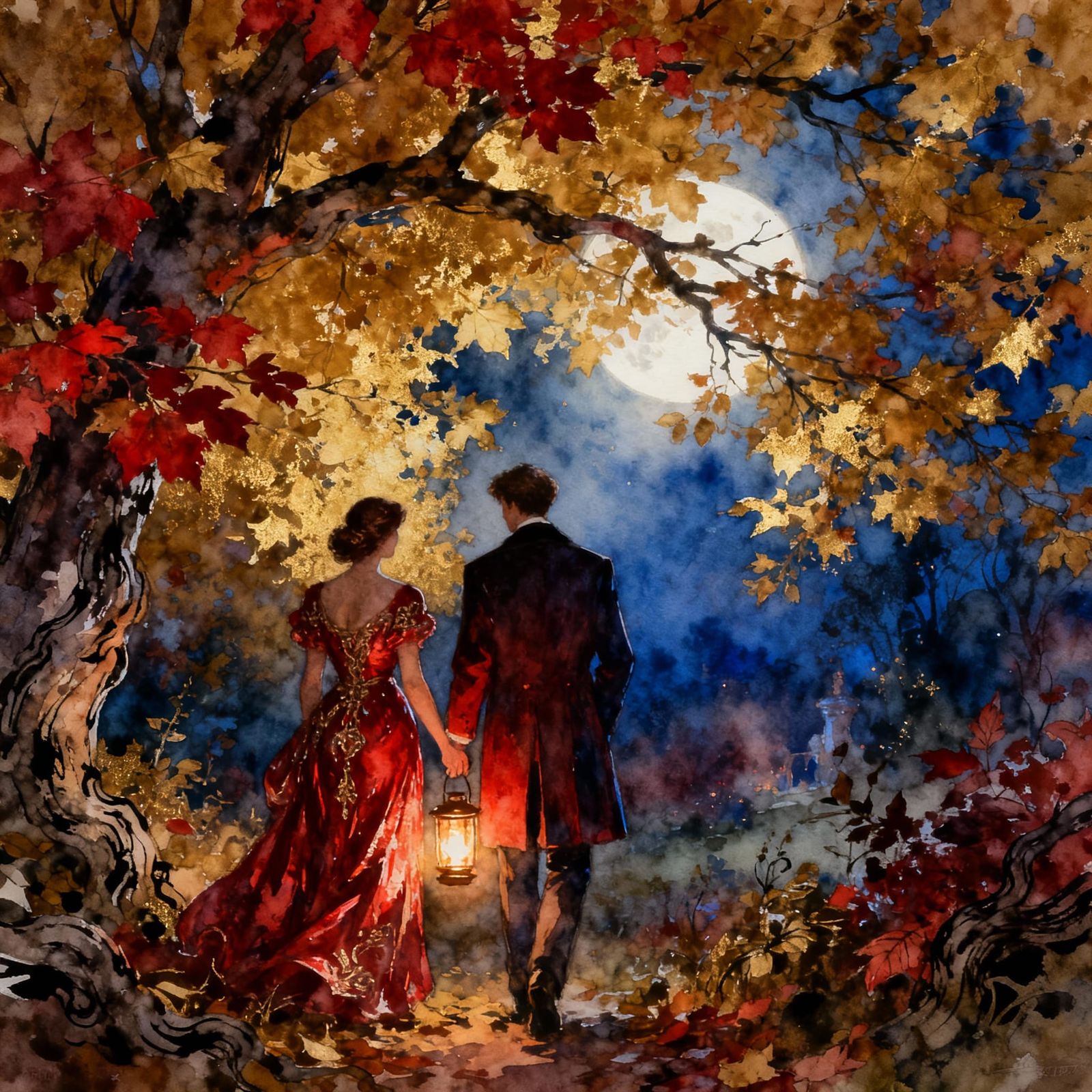 Enchanting Autumn Night Date, Dreamy Oil and Watercolor Pain...