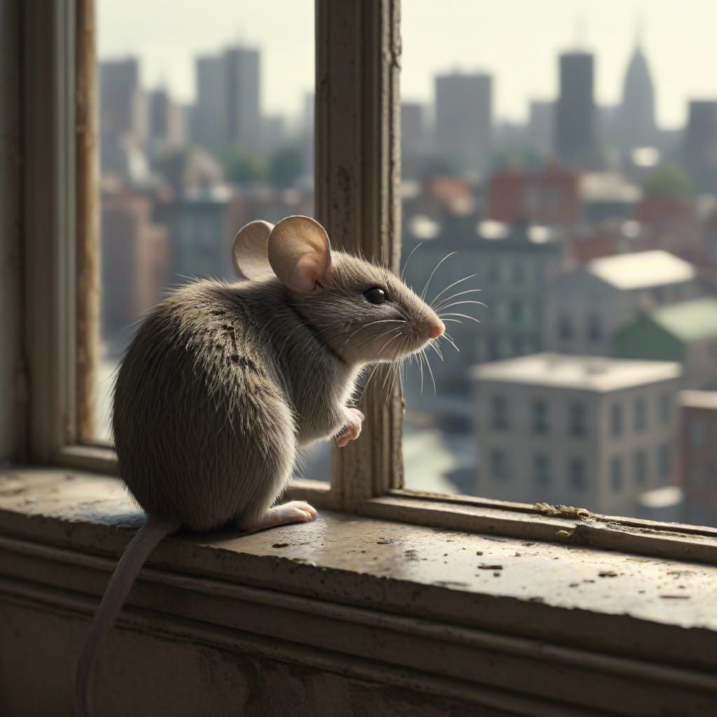 Mouse on Crumbling Sill Overlooking Desolate City
