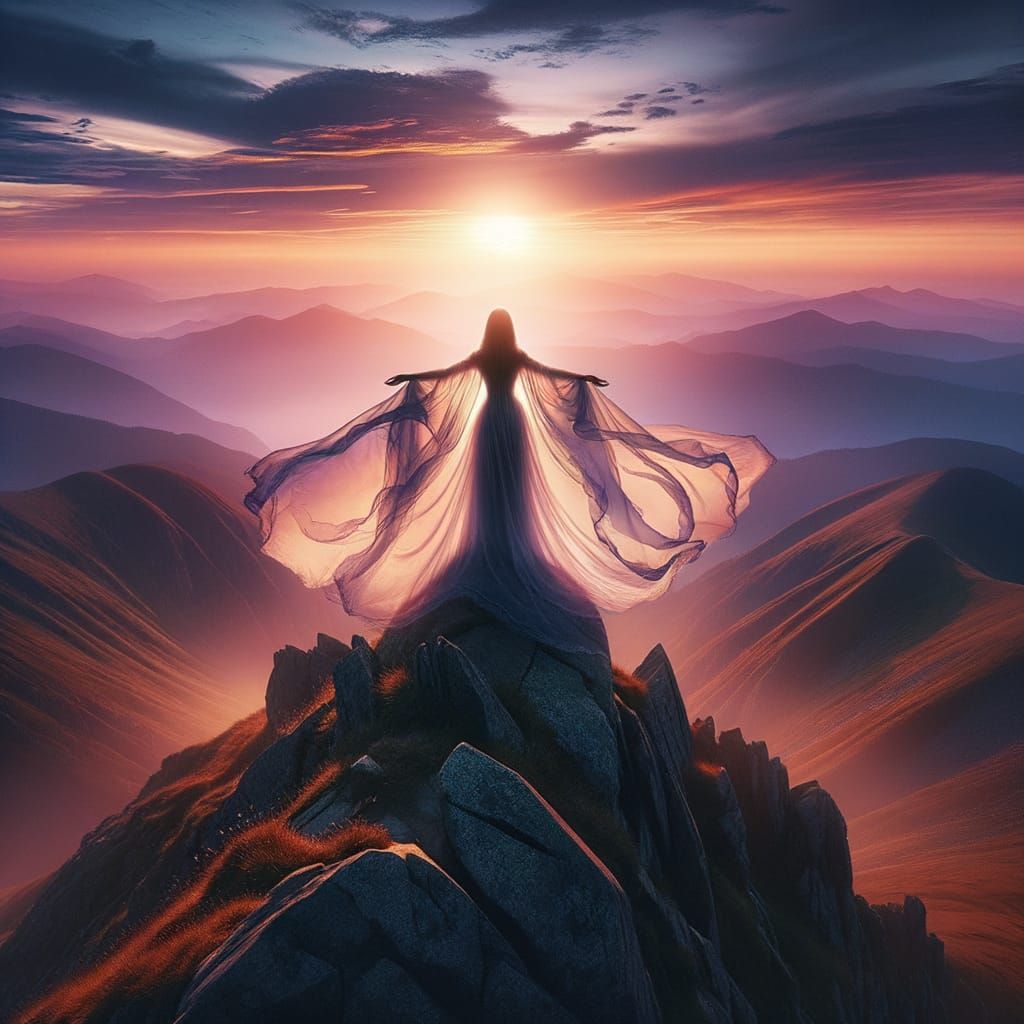 Woman Embracing Transcendent Beauty on Mountain Peak at Suns...