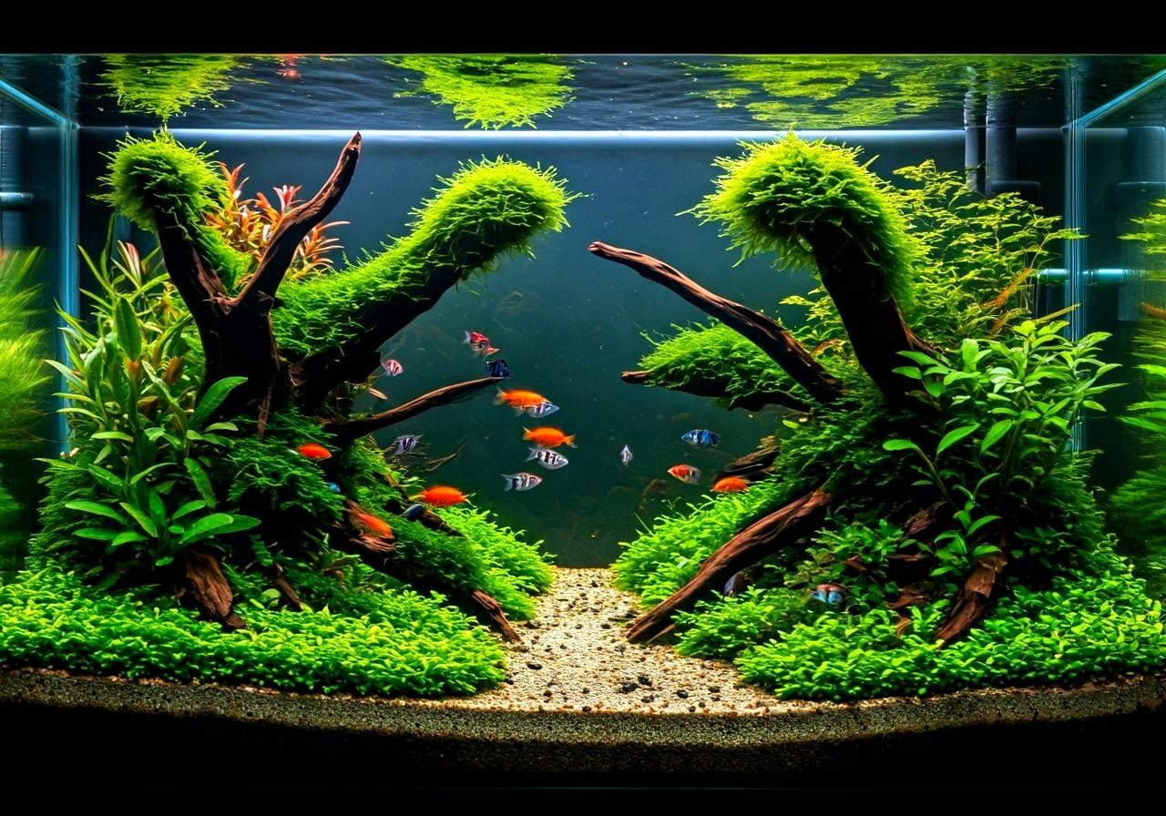 Lush Freshwater Aquarium with Tropical Fish and Driftwood