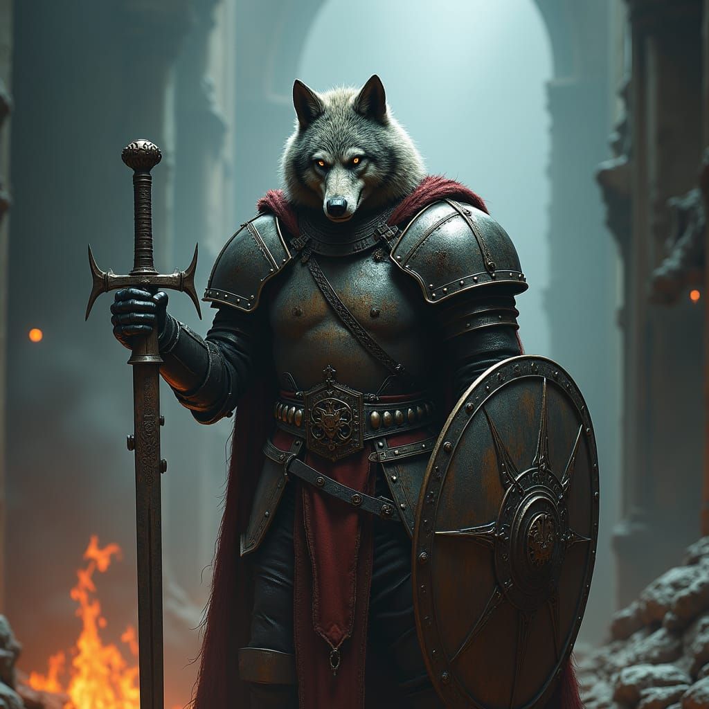 Battle-Worn Wolfen Knight in Industrial Fantasy Armor