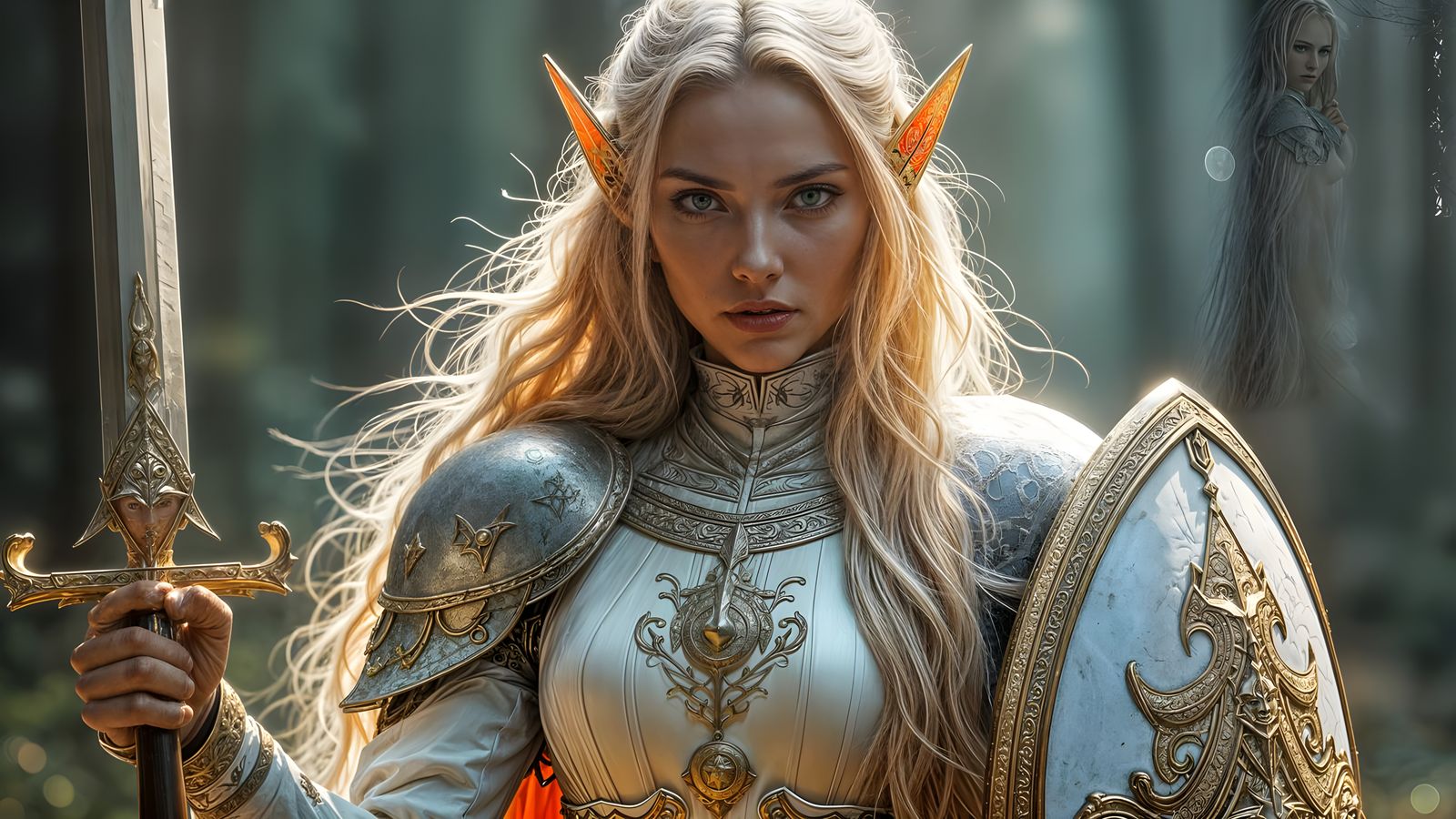 Elven Paladin in White and Gold Armor