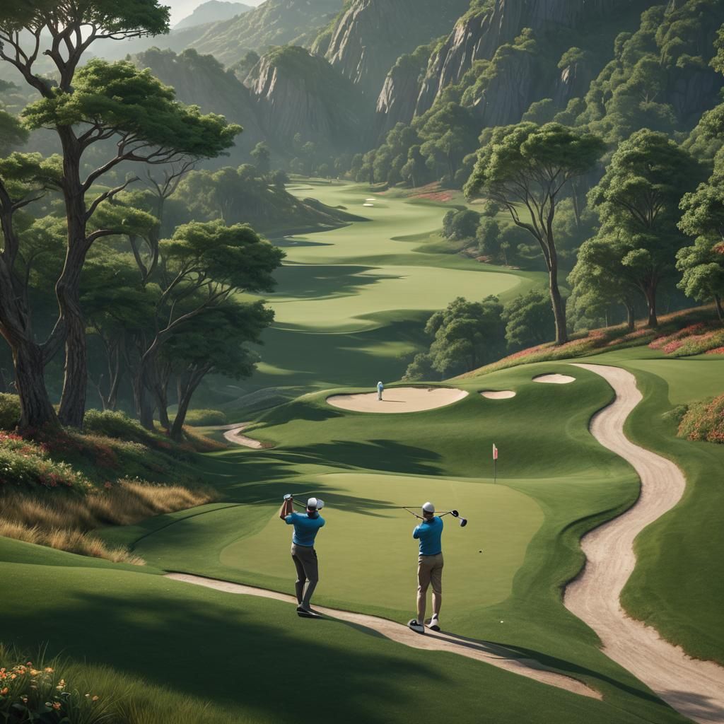 Golfer Drives to Green: Detailed Matte Painting