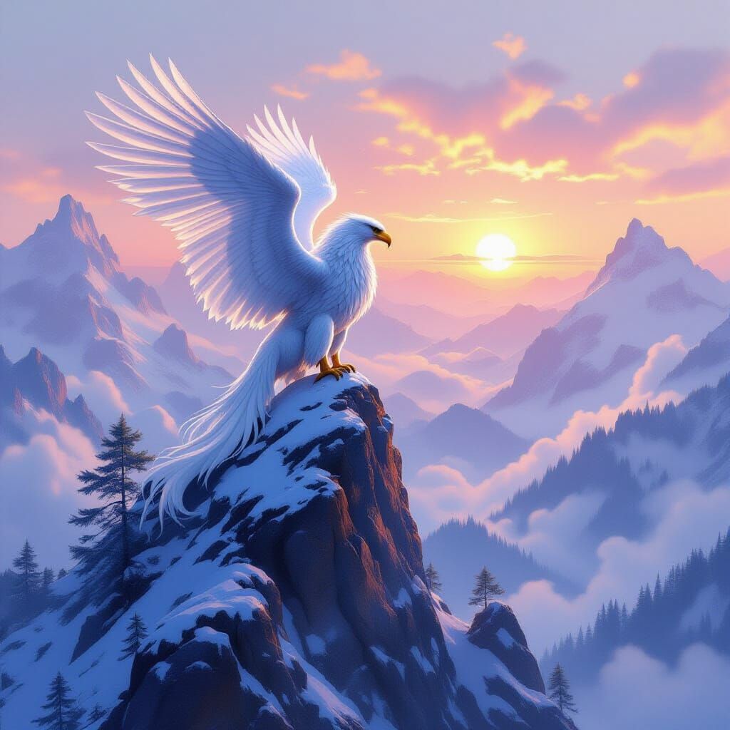 Majestic Griffin on Snowy Peak Overlooking Misty Forest