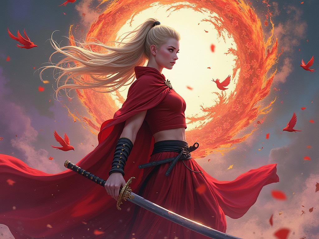 Female Samurai Superhero with Magic Circle, Romanticism Styl...