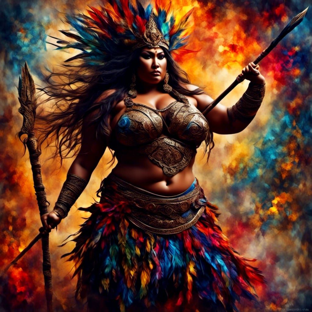 Polynesian Woman Warrior with Spear in Hyperreal Style