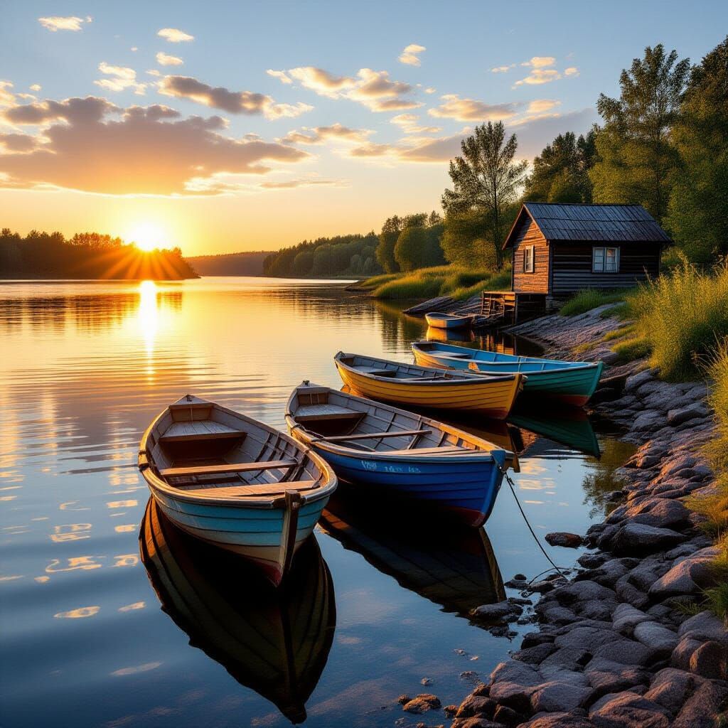 Golden Hour Riverside Scene with Boats and Cabin