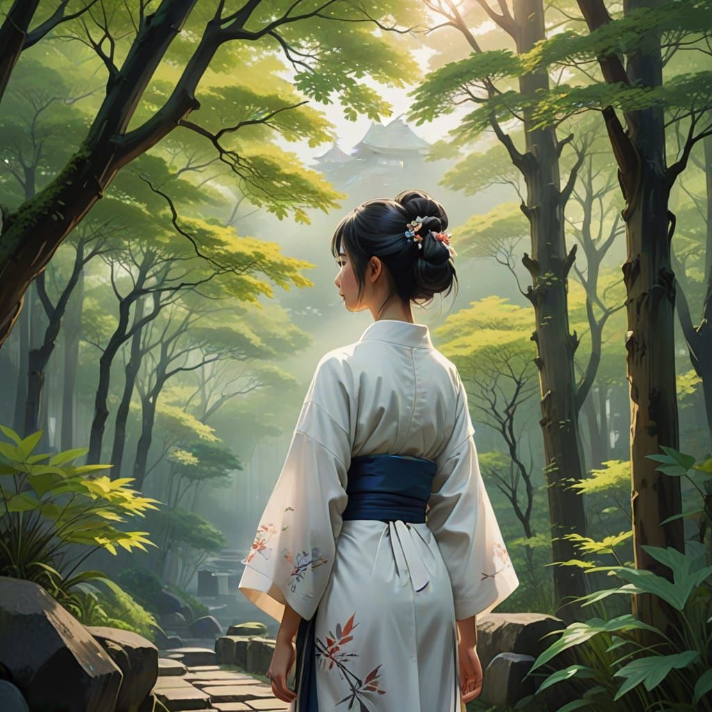 Serene Japanese Goddess in Whimsical Watercolor-Inspired Art