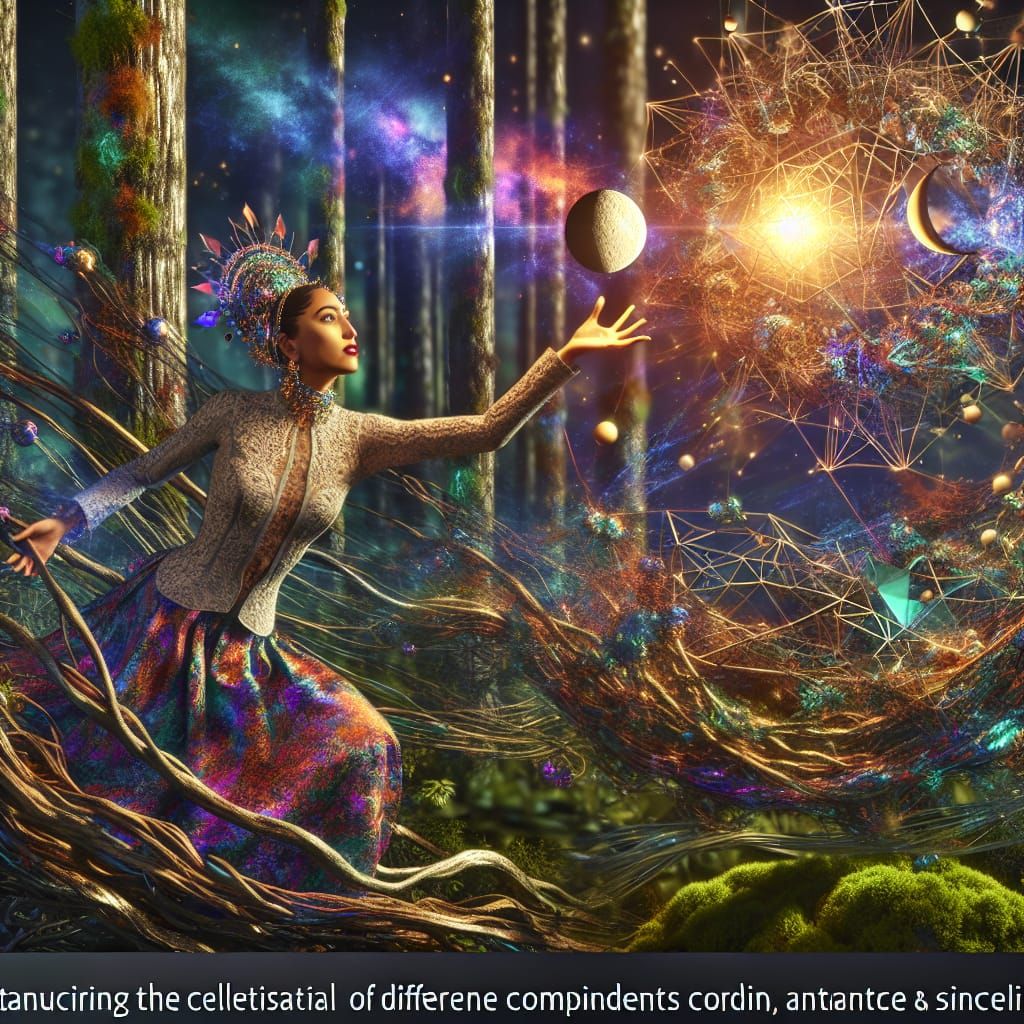 Transhumanist Goddess Embracing Cosmic Harmony in the Forest