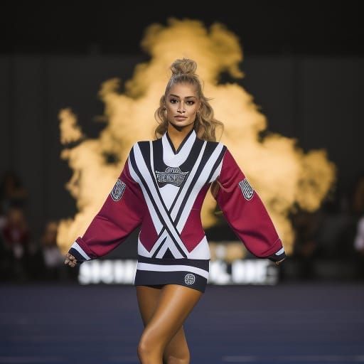Famous Cheerleading Influencer "Pamela Reif" wearing cropped cheerleader uniform, standing in pose, perfect body, athlet...