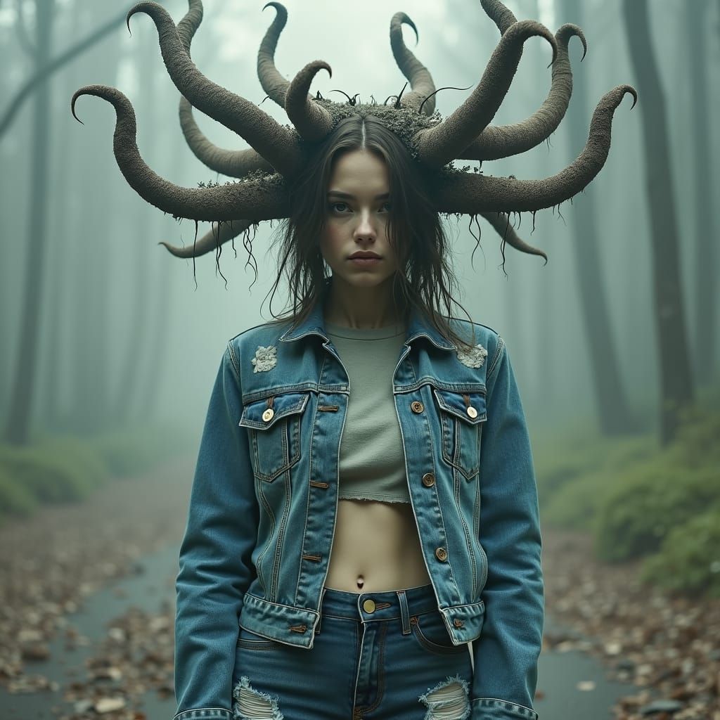 Feminist Figure with Fungal Cordyceps, in Biomorphic Style